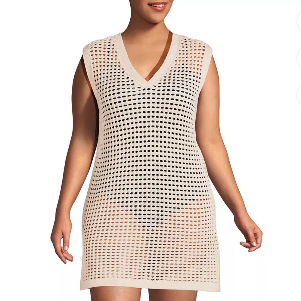Lands End Sleeveless V-Neck Crochet Swim Cover-Up in Cream